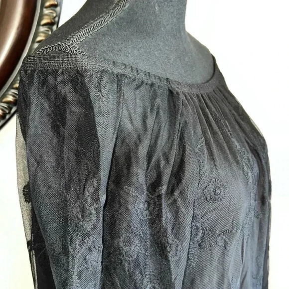 HALO Women’s Black Lace Fringe Sheer Floral Lined Boho 3/4 Sleeve Top Medium - Picture 9 of 16